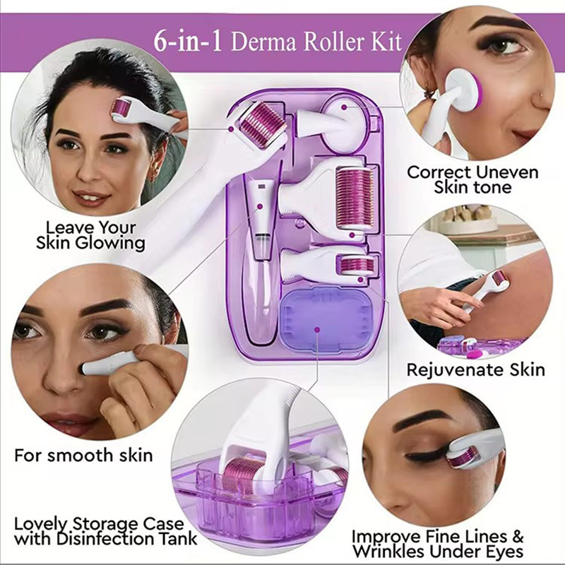 6-in-1 Titanium Microneedle Derma Roller Kit: Face, Beard, Hair Growth, Skin Rejuvenation