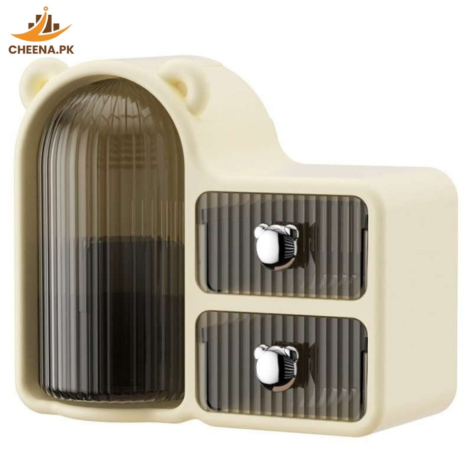 Cute Bear Ear Desktop Cosmetic Organizer with Drawers, Dustproof Transparent Storage