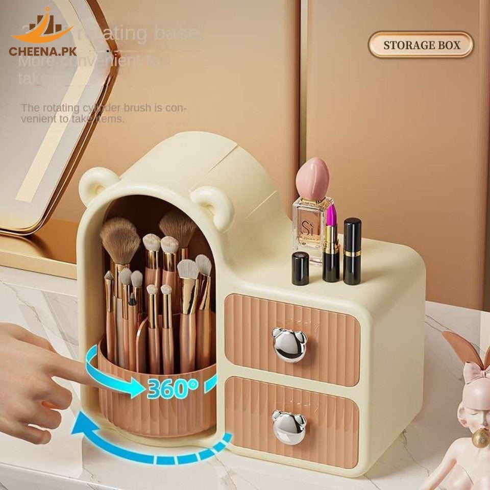 Cute Bear Ear Desktop Cosmetic Organizer with Drawers, Dustproof Transparent Storage