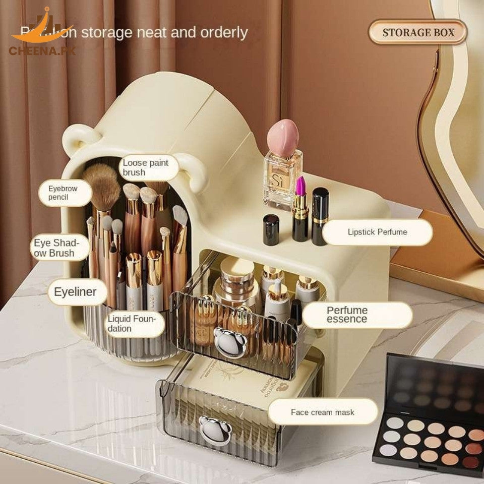 Cute Bear Ear Desktop Cosmetic Organizer with Drawers, Dustproof Transparent Storage