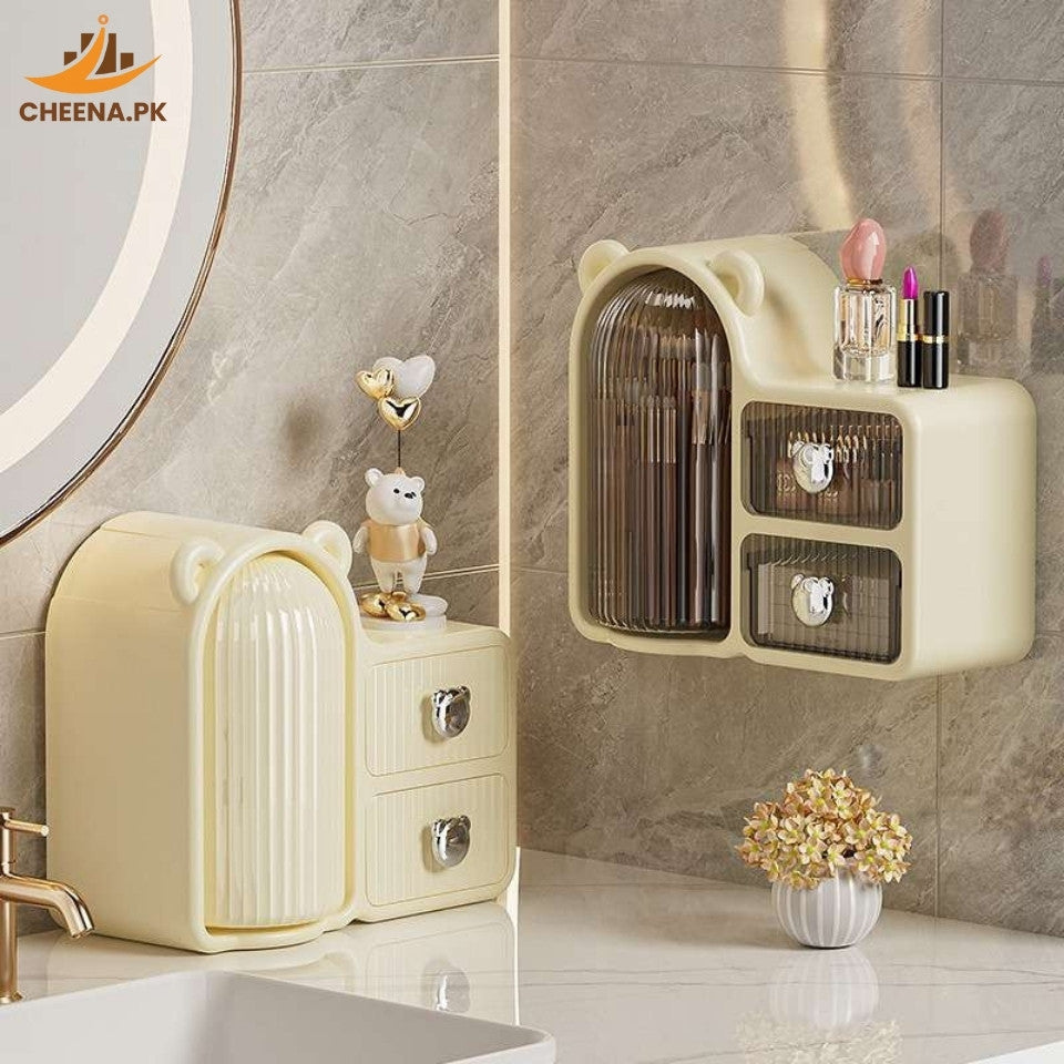 Cute Bear Ear Desktop Cosmetic Organizer with Drawers, Dustproof Transparent Storage