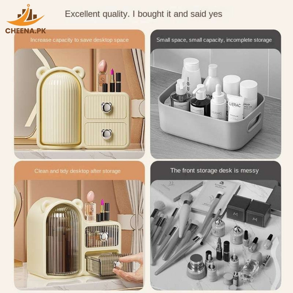 Cute Bear Ear Desktop Cosmetic Organizer with Drawers, Dustproof Transparent Storage