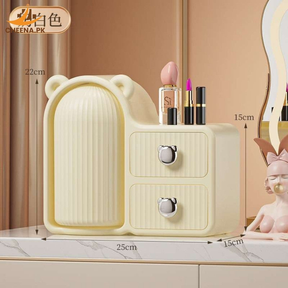 Cute Bear Ear Desktop Cosmetic Organizer with Drawers, Dustproof Transparent Storage